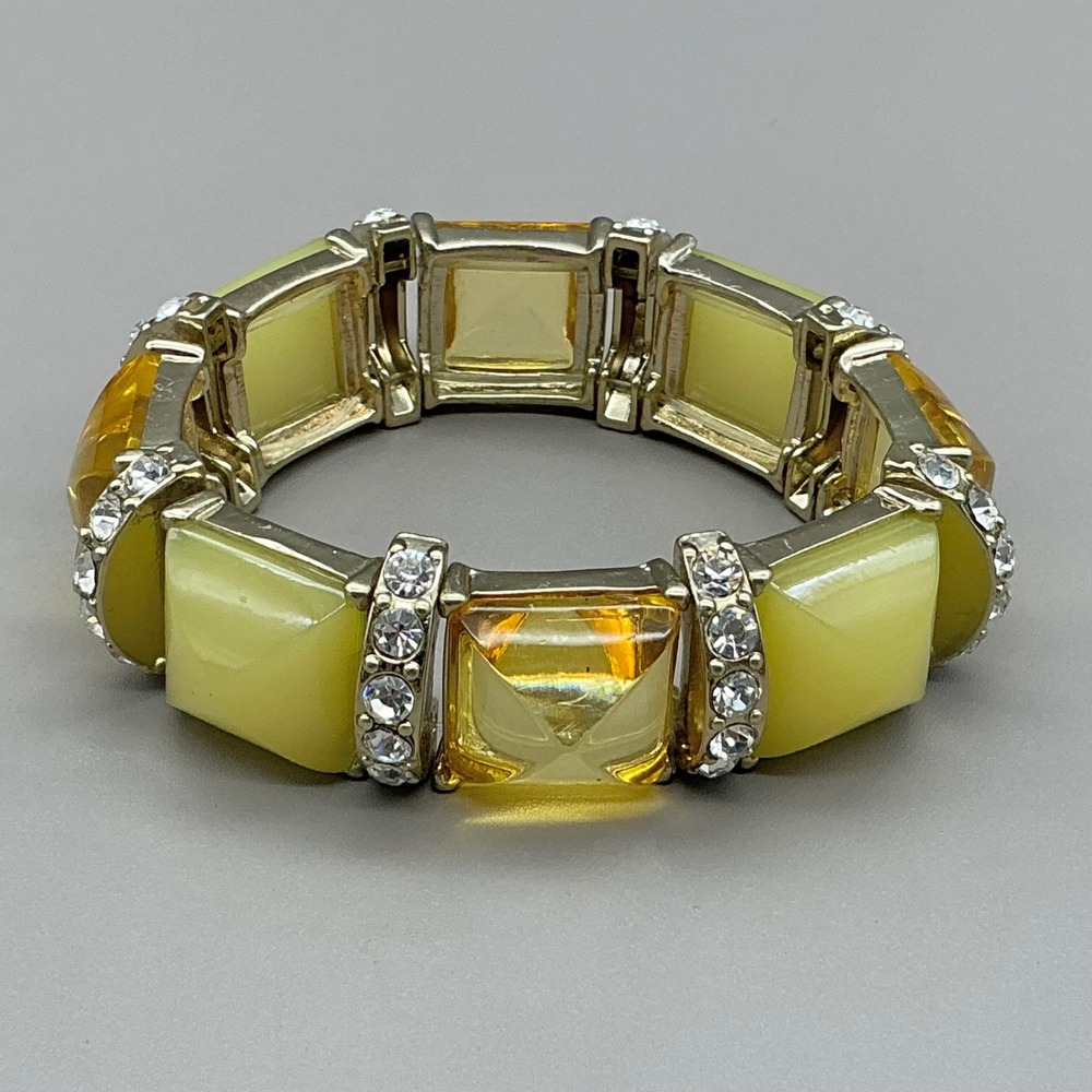 Stretch Bracelet Women Yellow Amber Gold Tone Rhinestone Chunky Statement Glam